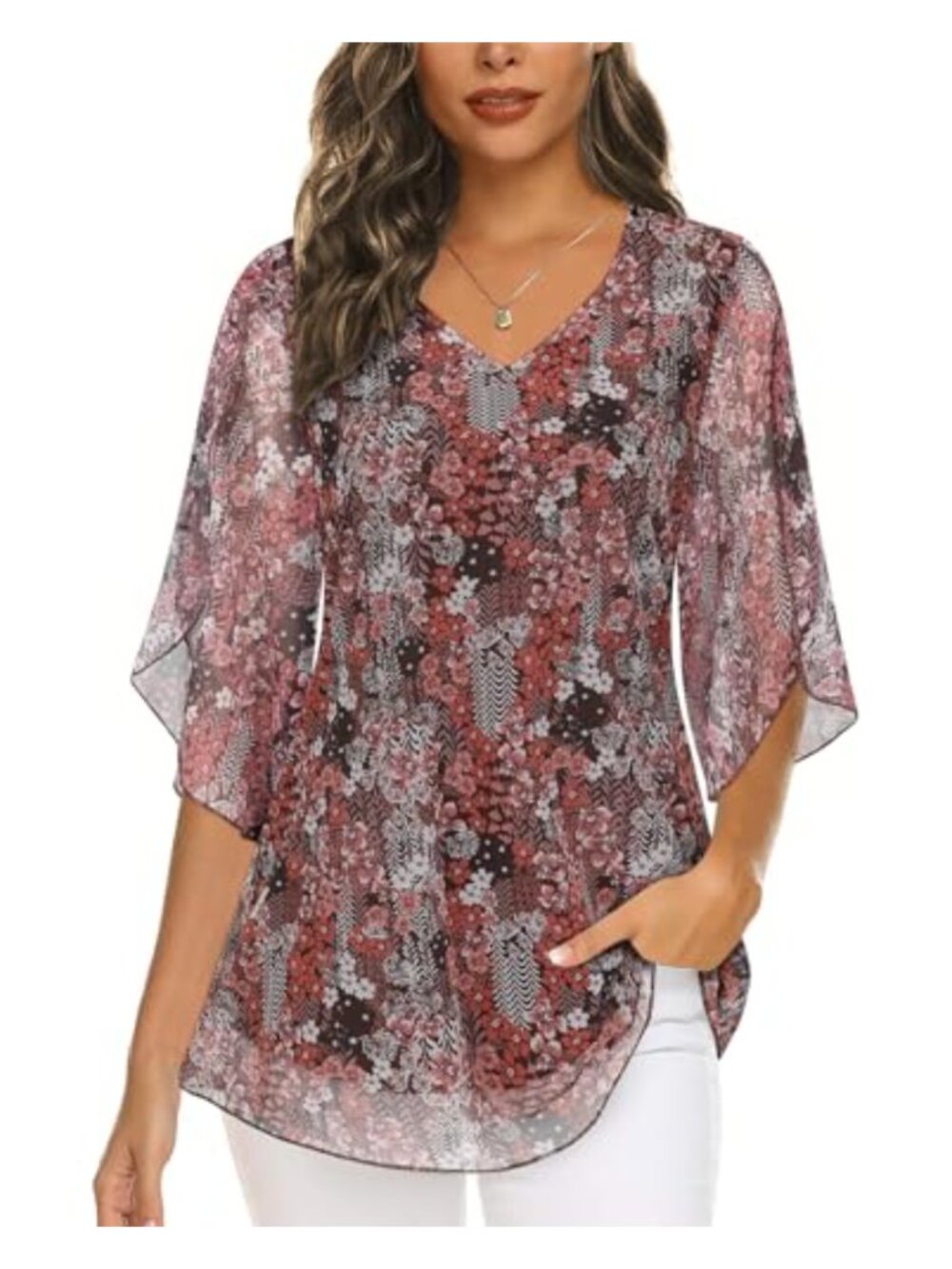 Women's Plus Size Chiffon Blouse Ruffle Sleeve V Neck Loose Fit Flowy Tunic